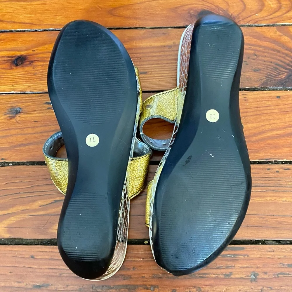 Retro Gold & Silver Wedge Sandals With Buckles Size 11 Made in the USA